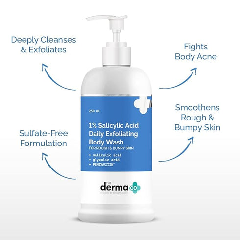The Derma co 1% Salicylic Acid Daily Exfoliating Body Wash with Salicylic Acid , Glycolic Acid & PENTAVITIN®  250ml
